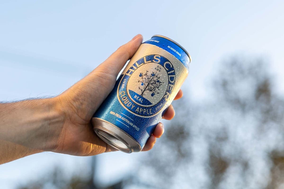 Hand holding a can of Hills Cider Cloudy Apple against the sky